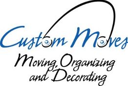 "Custom Moves logo: 'Moving, Organizing and Decorating' in stylized blue and black font."