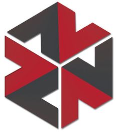 Abstraktes geometrisches Muster mit roten und grauen Formen auf weißem Hintergrund.