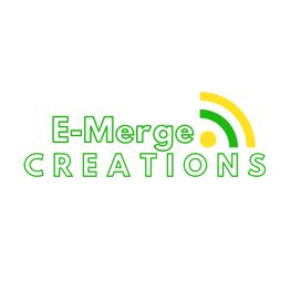 E-Merge Creations logo with green and yellow signal wave design on a white background.