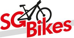 Logo mit rotem Text "SG Bikes" und Fahrradrahmen als Buchstaben "G" dargestellt.