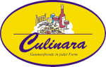 Gelbes Logo mit Getränken, Pasta und "Culinara" Beschriftung. Text: "Genussfreude in jeder Form."