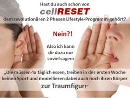 Zwei Frauen flüstern über ein 2-Phasen Lifestyle-Programm namens "cellRESET".