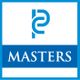 Logo met blauwe letters "PC" boven het woord "MASTERS" in een blauw kader.