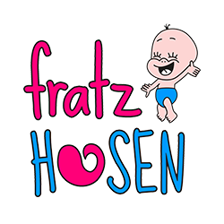 Lachendes Baby in blauer Hose, daneben der Schriftzug "fratz HOSEN" in Rosa und Blau.