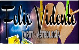 Texto "Feliz Vidente, Tarot, Astrología" sobre fondo de cartas del tarot y manos entrelazadas.