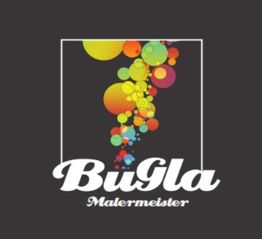 Bunte Kreise über dem Schriftzug "Bugla Malermeister" auf schwarzem Hintergrund.