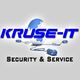 Logo mit "KRUSE-IT" in Blau, Globus und Computermäusen, Text "Security & Service" darunter.