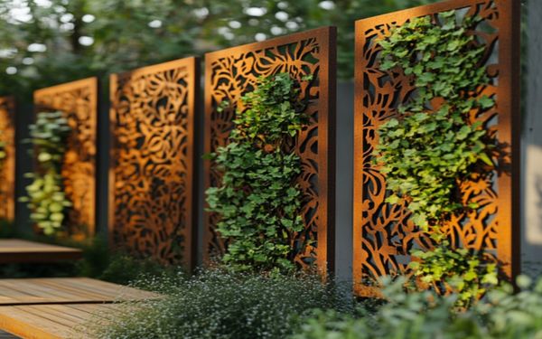 Mit Efeu bewachsener Metall-Edelrost Sichtschutz.