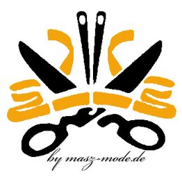 Schwarze Schere und Nähutensilien auf gelbem Hintergrund, Schriftzug "by masz-mode.de".