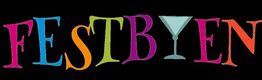 Teksten "FESTBYEN" i farverige bogstaver med et cocktailglas som bogstavet "Y".