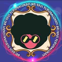 Logotipo colorido com rosto em silhueta, óculos e texto "Brindes Personalizados" ao redor.