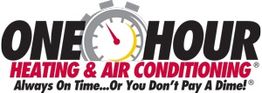 Logo of "One Hour Heating & Air Conditioning" with a clock and slogan about punctual service.