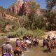 People riding horses through a shallow river with rocky cliffs and trees in the background.