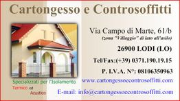 Immagine promozionale di un'azienda di cartongesso a Lodi con contatti e servizi offerti.