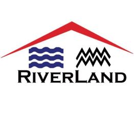 Logo with red roof, blue waves, black zigzags, and the text "RiverLand" below.