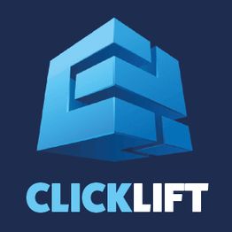 Blaues 3D-Logo mit geometrischer Form über dem Text "CLICKLIFT" auf dunkelblauem Hintergrund.