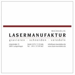 Visitenkarte der Lasermanufaktur Michaelis mit Kontaktinfos und Leistungen: gravieren, schneiden, veredeln.