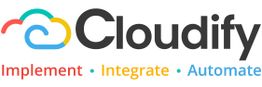 Cloudify-logo med tekst: "Implement, Integrate, Automate" i forskellige farver.