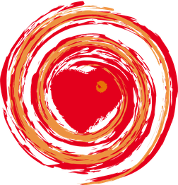 Rotes Herz in gelbem Spiralmuster auf schwarzem Hintergrund.