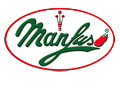 Logo con scritta "Manfuso" verde su sfondo bianco, bordi rossi e immagine di un peperoncino.