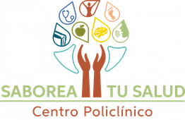 Logo del "Centro Policlínico Saborea Tu Salud" con manos y símbolos de alimentos saludables.