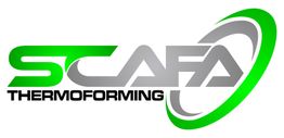 Logo von Scafa Thermoforming in Grün und Grau mit geschwungenen Linien und modernem Design.