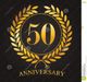 Corona d'alloro dorata con il numero 50 al centro. Testo: "Anniversary". Sfondo nero.