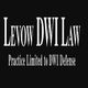 Text reads "Levow DWI Law, Practice Limited to DWI Defense" on a black background.