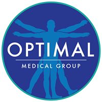 Optimal Medical Group logo with a blue circle and human figure in a Vitruvian pose.