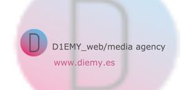 Logotipo de "D1EMY_web/media agency" con enlace www.diemy.es, fondo degradado.