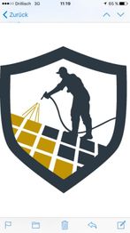 Schild mit Silhouette eines Arbeiters, der ein Dach sprüht, in Blau und Gold.