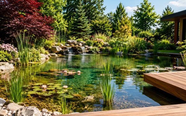 Naturnaher Gartenteich mit Seerosen, Wasserfall und üppiger Bepflanzung in einem modernen Garten – Beispiel für die Kosten und Gestaltung eines Gartenteichs im Jahr 2026.