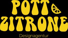Gelber Schriftzug "Pott Zitrone" mit Zitronenscheibe, darunter "Designagentur" auf schwarzem Hintergrund.