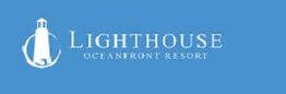 Blue background with white lighthouse logo, text: "Lighthouse Oceanfront Resort."
