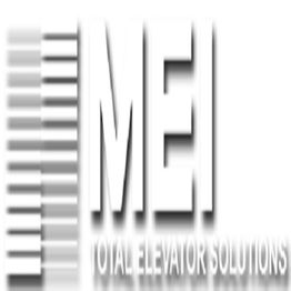 Logo of MEI Total Elevator Solutions with a gradient barcode design.