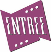 Lila Logo mit dem Wort "ENTREE" in weißer Schrift auf einem asymmetrischen Hintergrund.