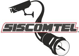 Logotipo de SISCOTEL con cámara de vigilancia y cable en forma de letra "S".