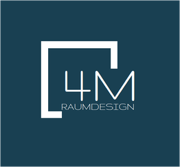 Weiße "4M RAUMDESIGN"-Schrift auf dunkelblauem Hintergrund, mit einem weißen Rahmen links.