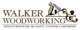 Logo for Walker Woodworking featuring a woodworking plane and text on fine furniture and cabinetry.