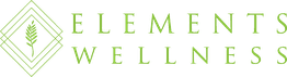 Logo with green geometric motif and text: "Elements Wellness."