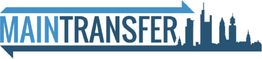 Logo mit Schriftzug "MainTransfer" und Skyline-Silhouette in Blau.