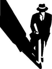 Schwarz-weiße Silhouette eines Mannes mit Hut und Anzug, der mit langem Schatten geht.