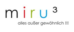 Schriftzug "miru³" in bunten Buchstaben mit Slogan "alles außer gewöhnlich !!!".