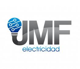 Logotipo de "JMF electricidad" con bombilla y diseño de circuito en tonos grises y azules.