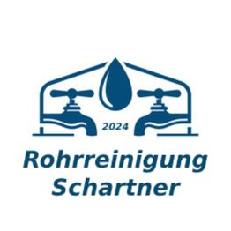 Logo mit zwei Wasserhähnen und Tropfen, Text: Rohrreinigung Schartner, 2024.