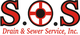 S.O.S. logo with red letters and a target symbol; text reads "Drain & Sewer Service, Inc."