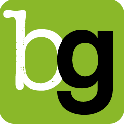 Grünes Quadrat mit weißen Buchstaben "b" und schwarzen Buchstaben "g" nebeneinander.