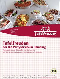Verschiedene Schalen mit Speisen; Logo: TafelFreuden, Bio Partyservice in Hamburg.
