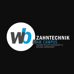 Logo "wb" Zahntechnik am Campus auf schwarzem Hintergrund. Inhaber: Philipp Weishaupt, Michael Borghorst.