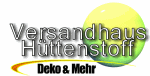 Logo mit Text: "Versandhaus Hüttenstoff, Deko & Mehr" vor einem gelben Kreis.